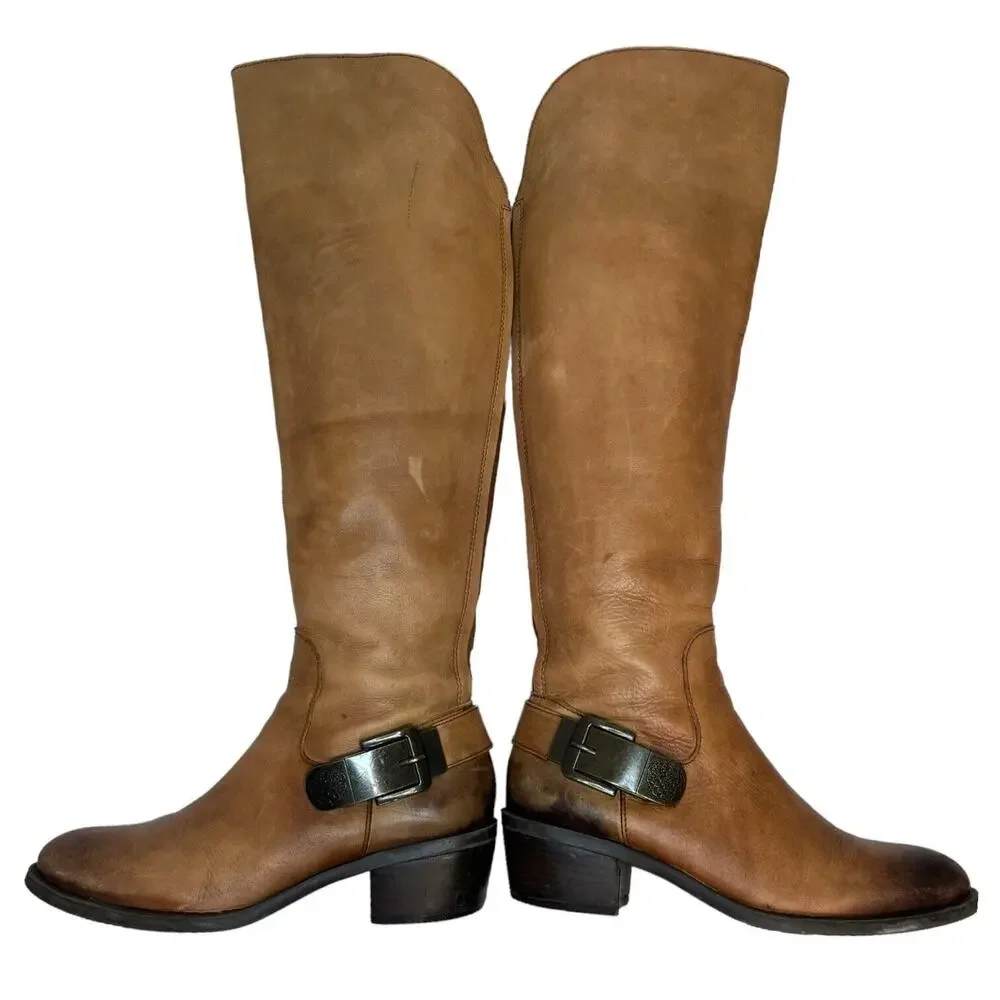 Vince Camuto Boots Womens 6 Bedina 2 Leather Tall Western Boho Buckle Brown